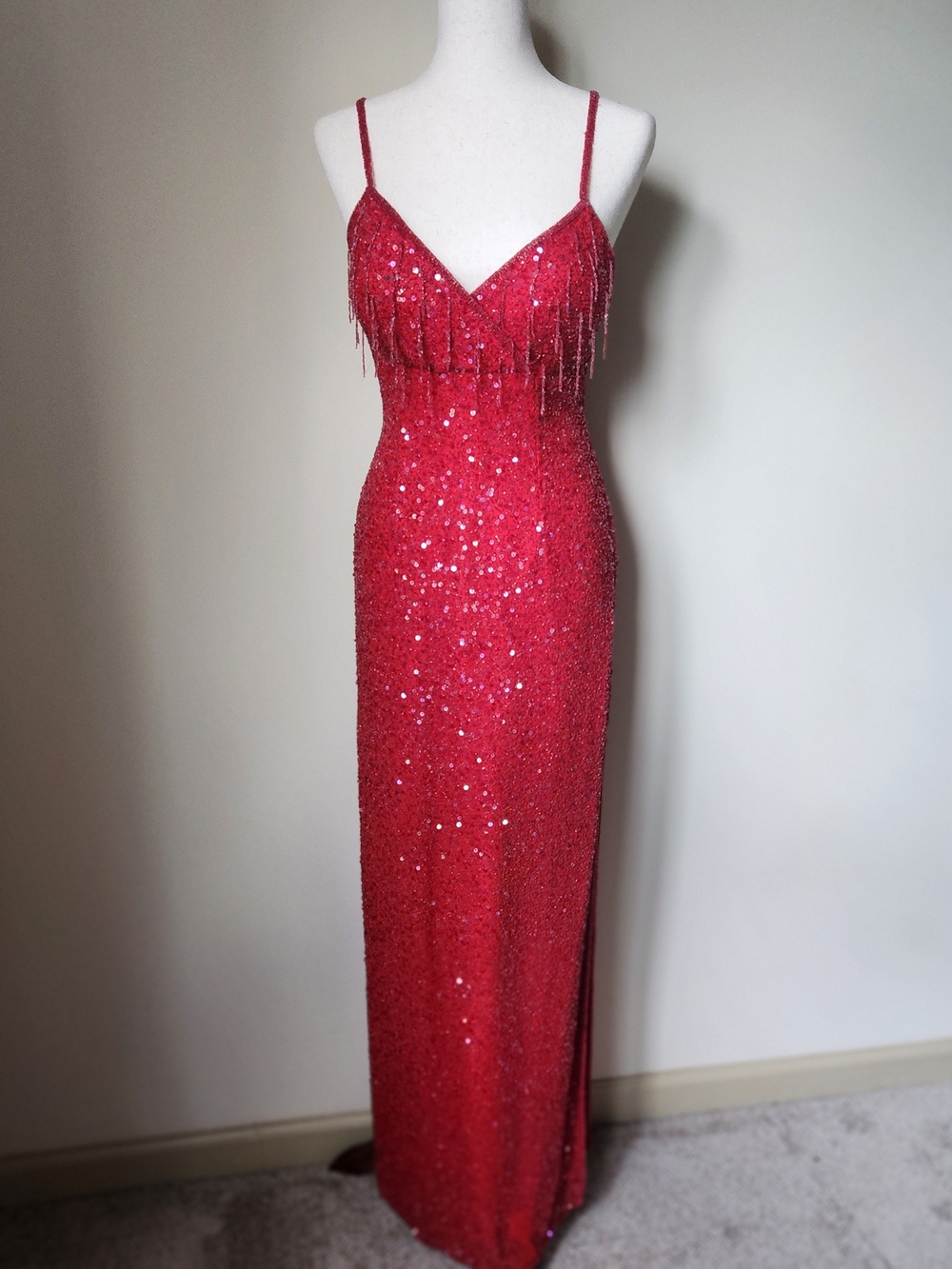 Vintage 1990s Scala Red Silk Beaded Sequin Fringe Maxi Gown Made in India M